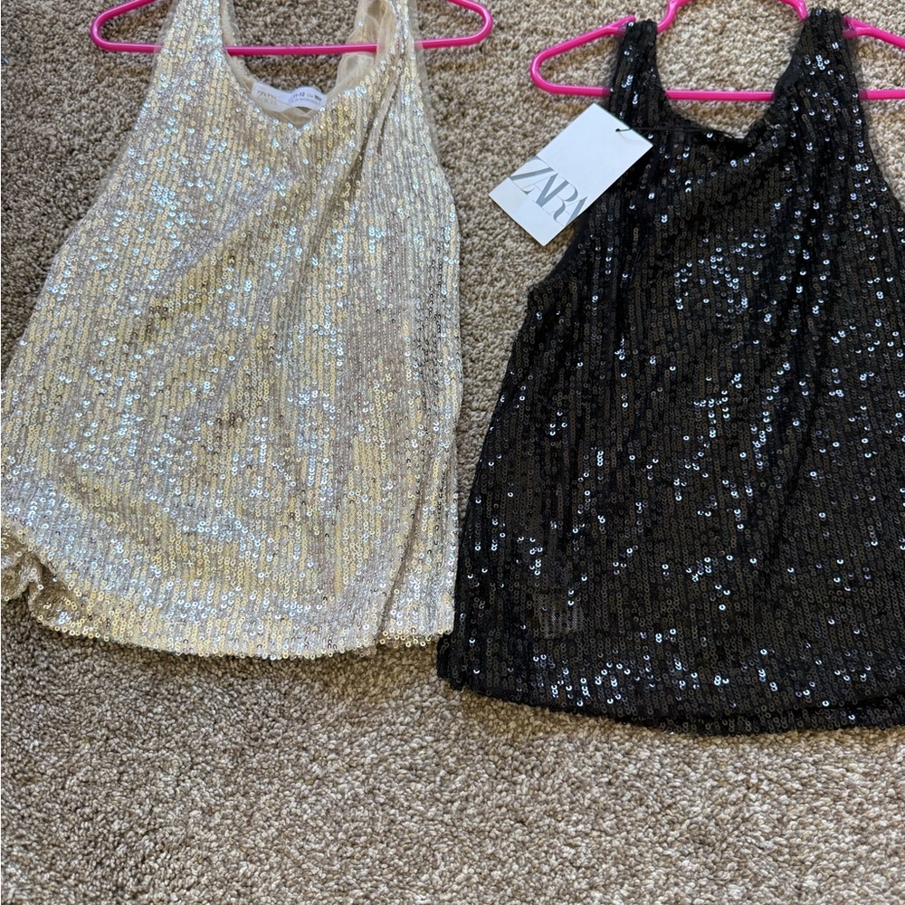 NWT Zara Sequin Tank Tops in Black and Gold size 10 and 11-12